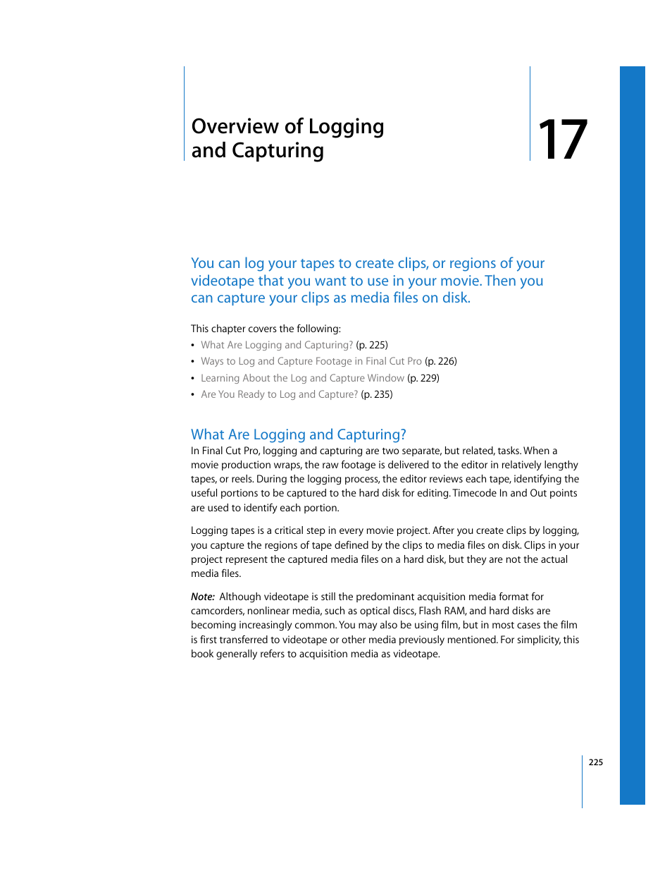 Overview of logging and capturing, What are logging and capturing, Chapter 17 | Ee chapter 17, Overview of logging, And capturing | Apple Final Cut Pro 5 User Manual | Page 226 / 1868