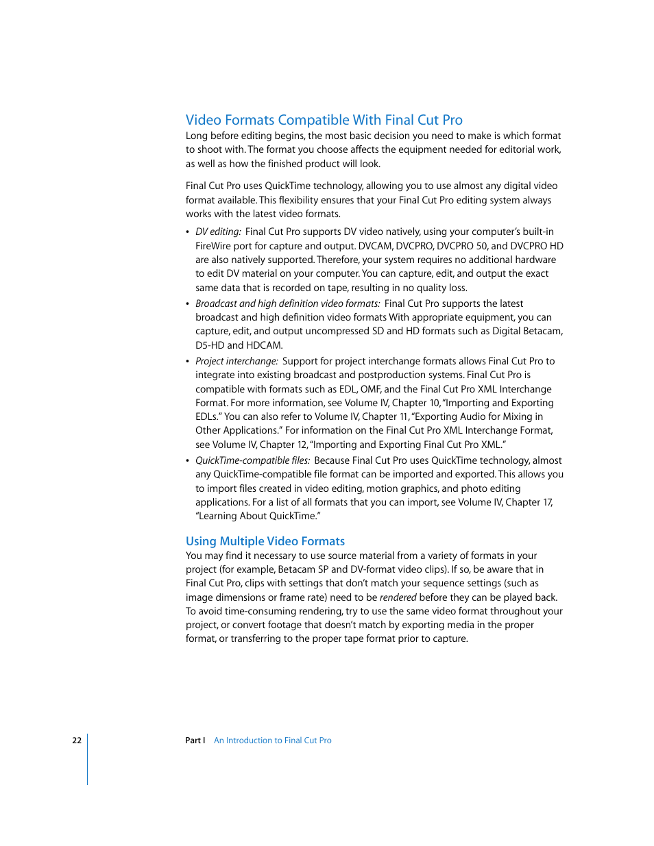 Video formats compatible with final cut pro, Using multiple video formats, P. 22) | Apple Final Cut Pro 5 User Manual | Page 23 / 1868