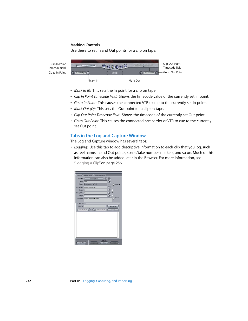 Tabs in the log and capture window | Apple Final Cut Pro 5 User Manual | Page 233 / 1868