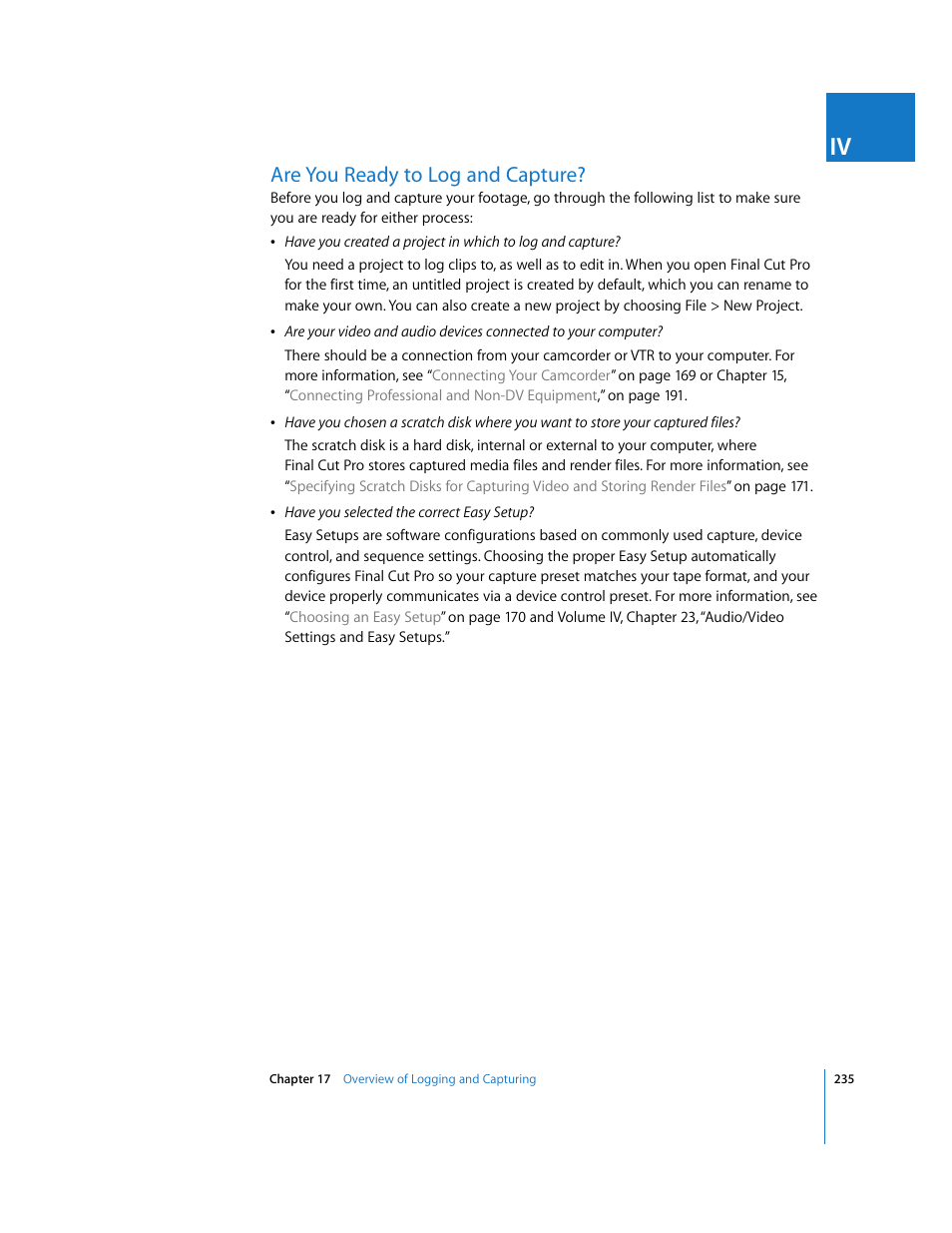 Are you ready to log and capture, P. 235) | Apple Final Cut Pro 5 User Manual | Page 236 / 1868