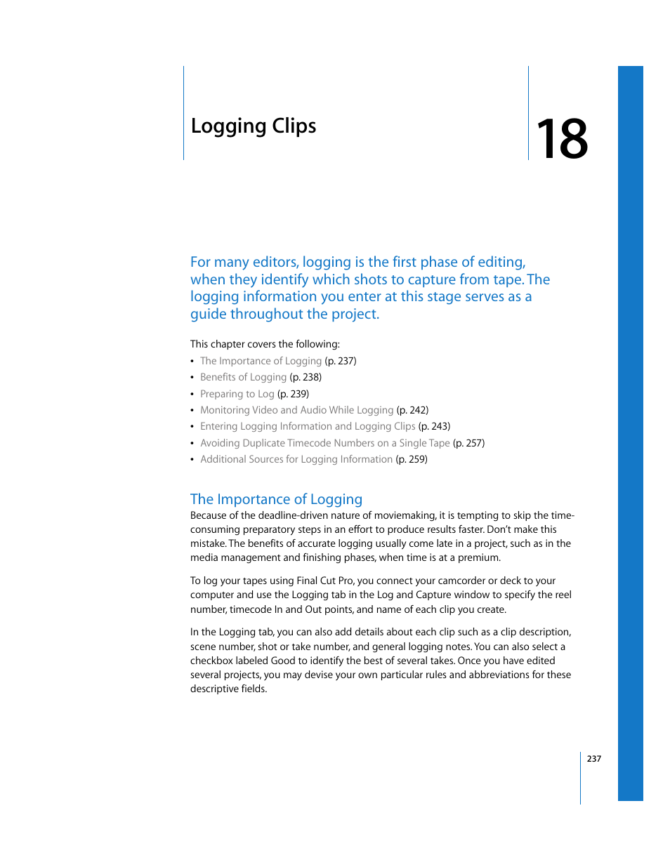 Logging clips, The importance of logging, Chapter 18 | Apple Final Cut Pro 5 User Manual | Page 238 / 1868