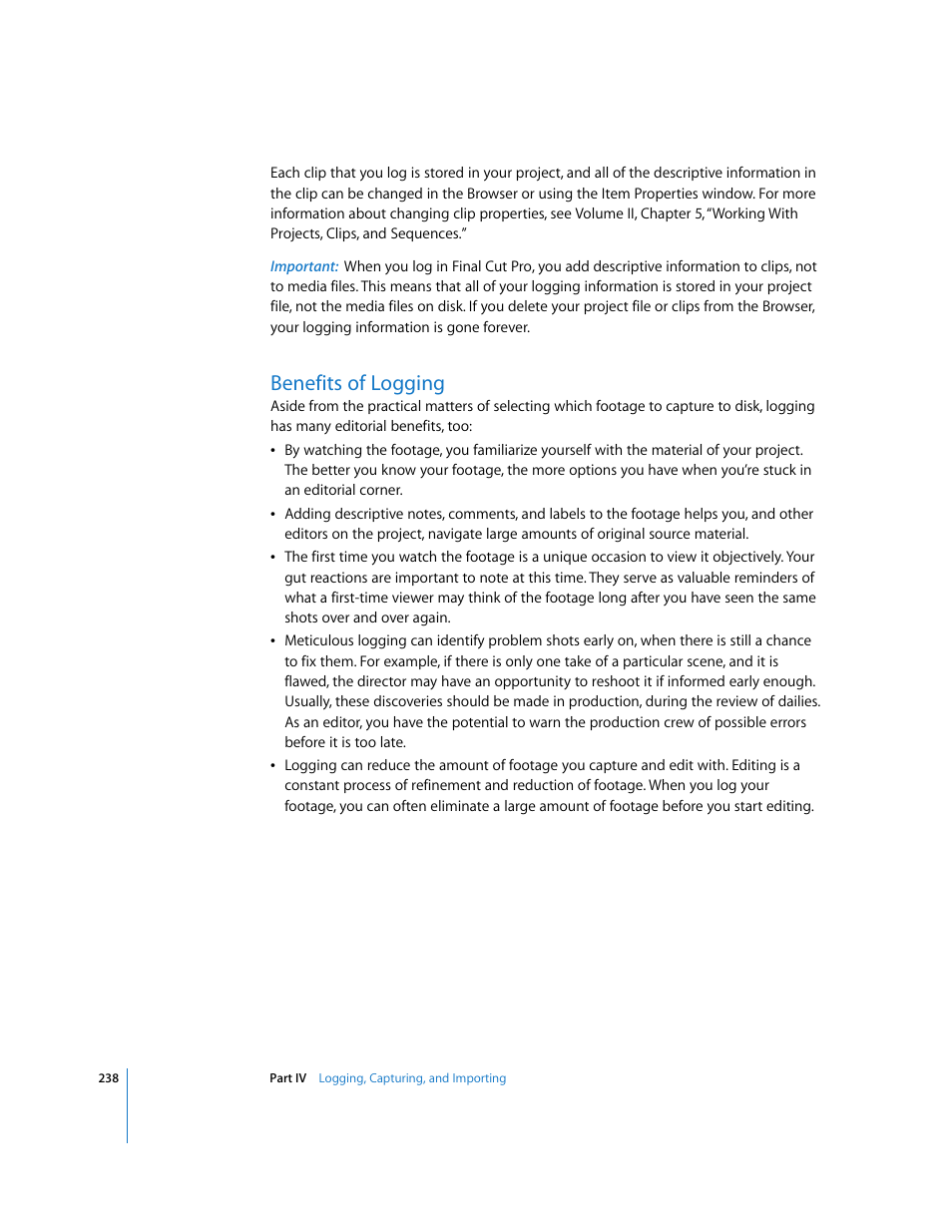 Benefits of logging, P. 238) | Apple Final Cut Pro 5 User Manual | Page 239 / 1868