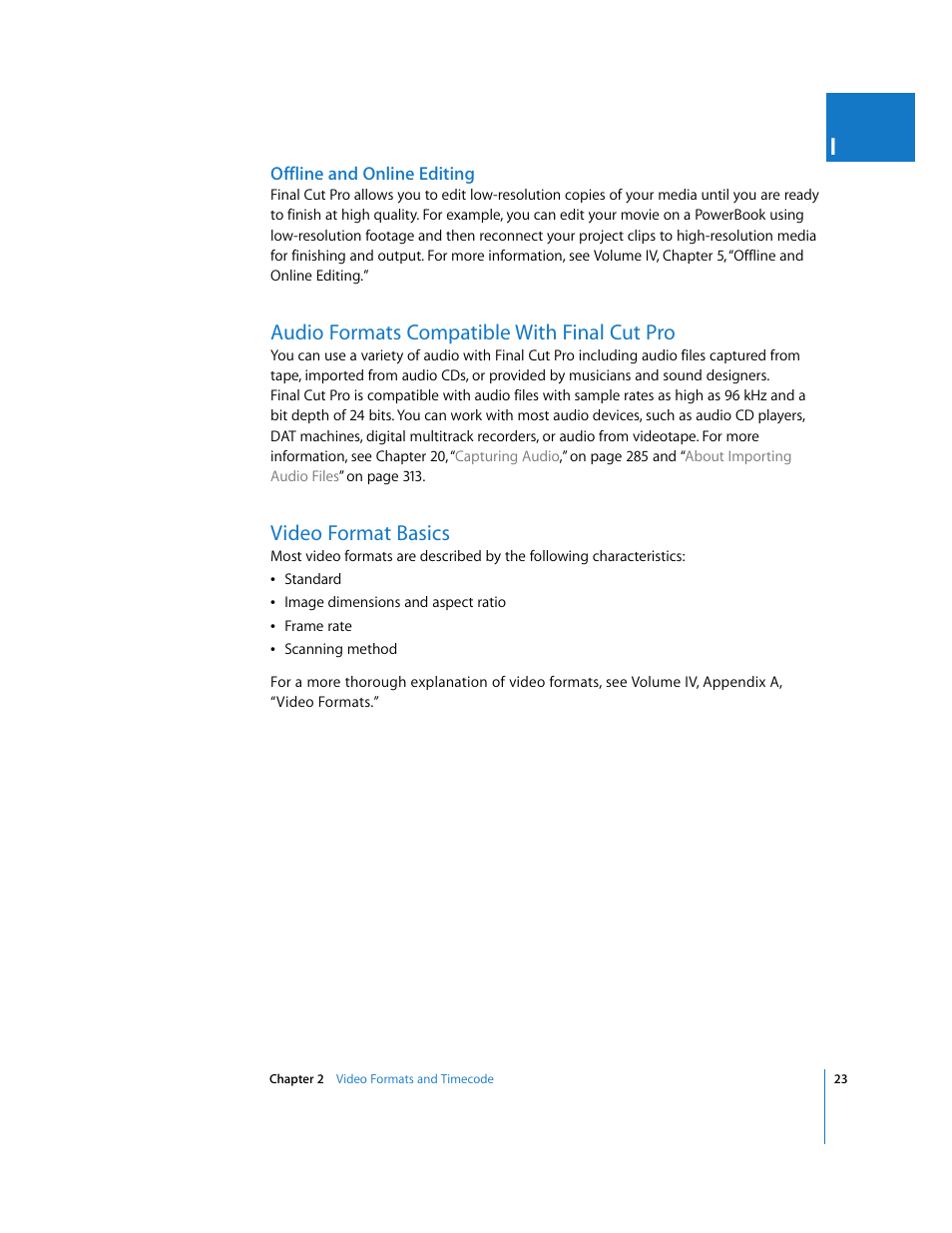 Offline and online editing, Audio formats compatible with final cut pro, Video format basics | P. 23) | Apple Final Cut Pro 5 User Manual | Page 24 / 1868