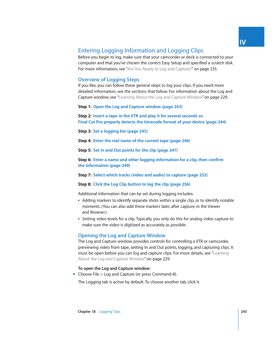 Entering logging information and logging clips, Overview of logging steps, Opening the log and capture window | P. 243) | Apple Final Cut Pro 5 User Manual | Page 244 / 1868