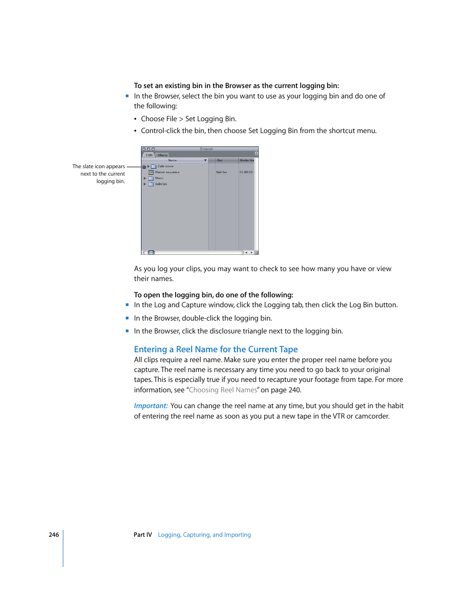 Entering a reel name for the current tape | Apple Final Cut Pro 5 User Manual | Page 247 / 1868