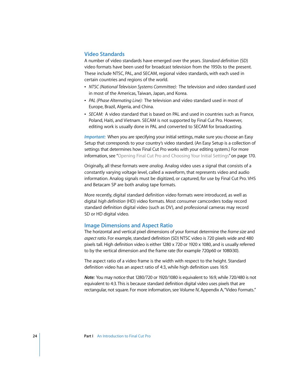 Video standards, Image dimensions and aspect ratio | Apple Final Cut Pro 5 User Manual | Page 25 / 1868