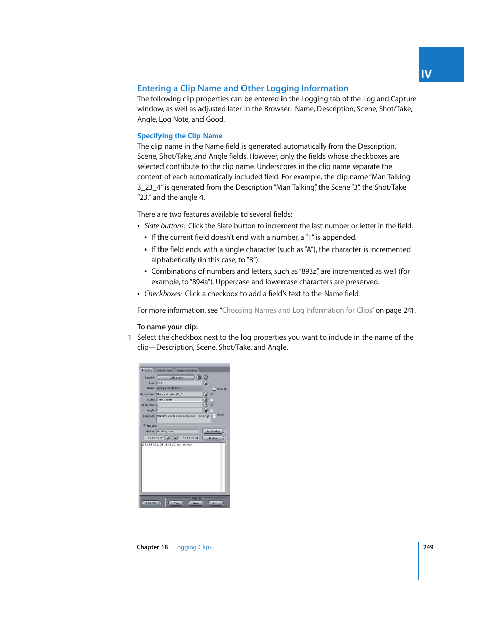 Entering a clip name and other logging information | Apple Final Cut Pro 5 User Manual | Page 250 / 1868