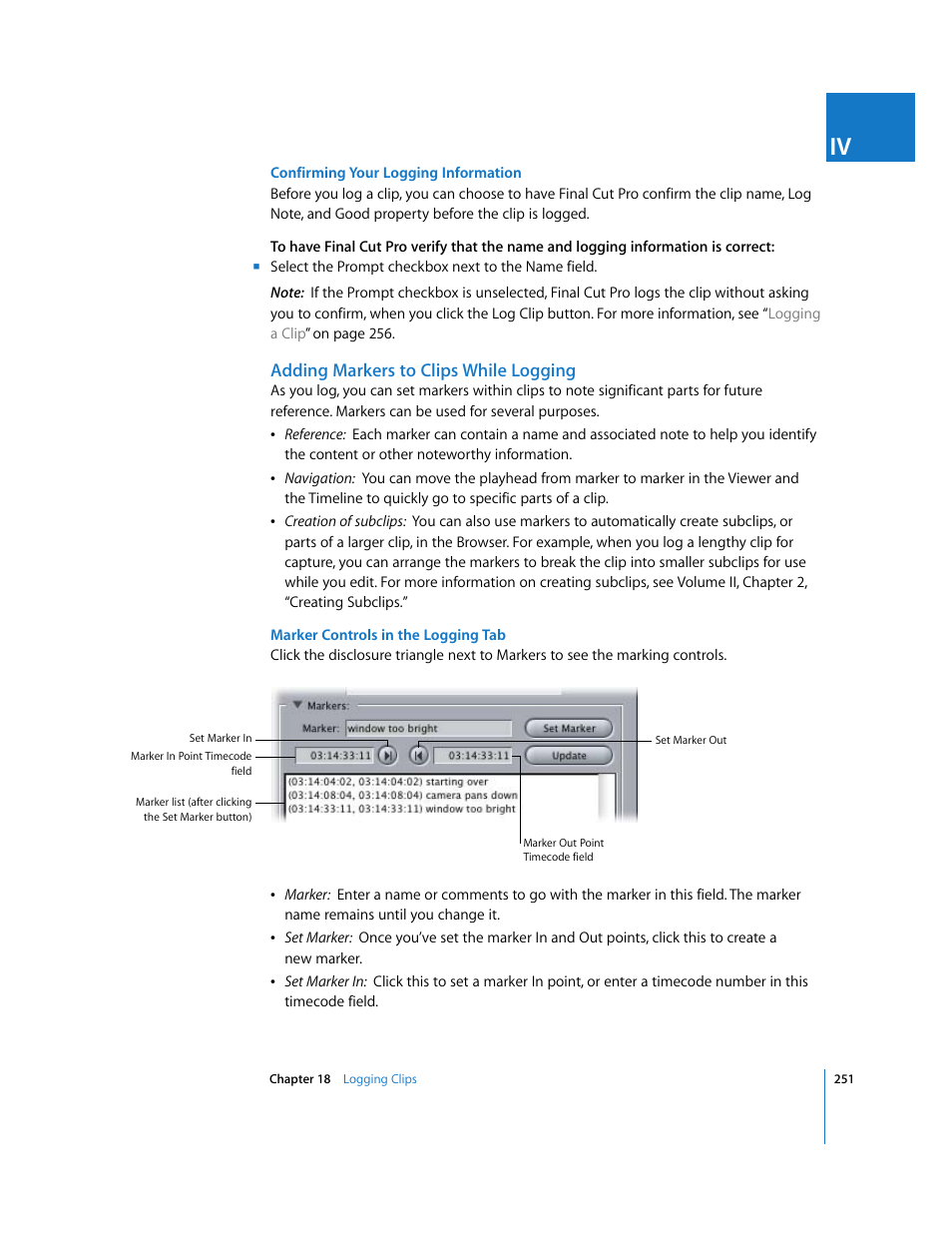 Adding markers to clips while logging | Apple Final Cut Pro 5 User Manual | Page 252 / 1868