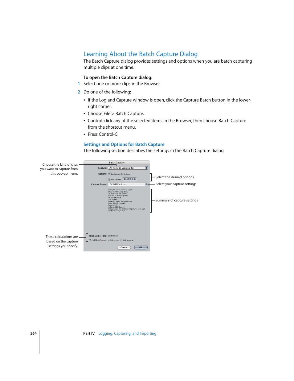 Learning about the batch capture dialog | Apple Final Cut Pro 5 User Manual | Page 265 / 1868