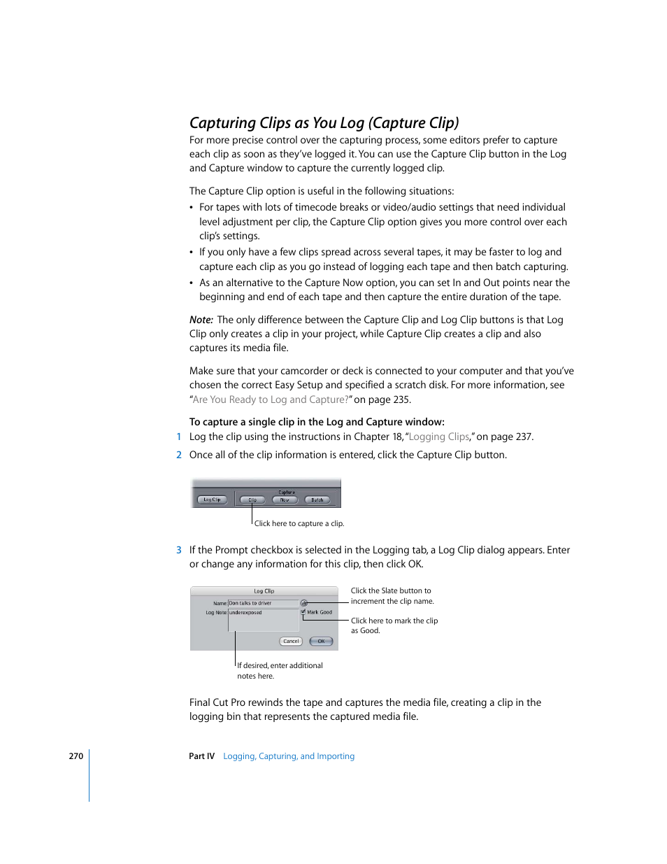 Capturing clips as you log (capture clip), P. 270) | Apple Final Cut Pro 5 User Manual | Page 271 / 1868