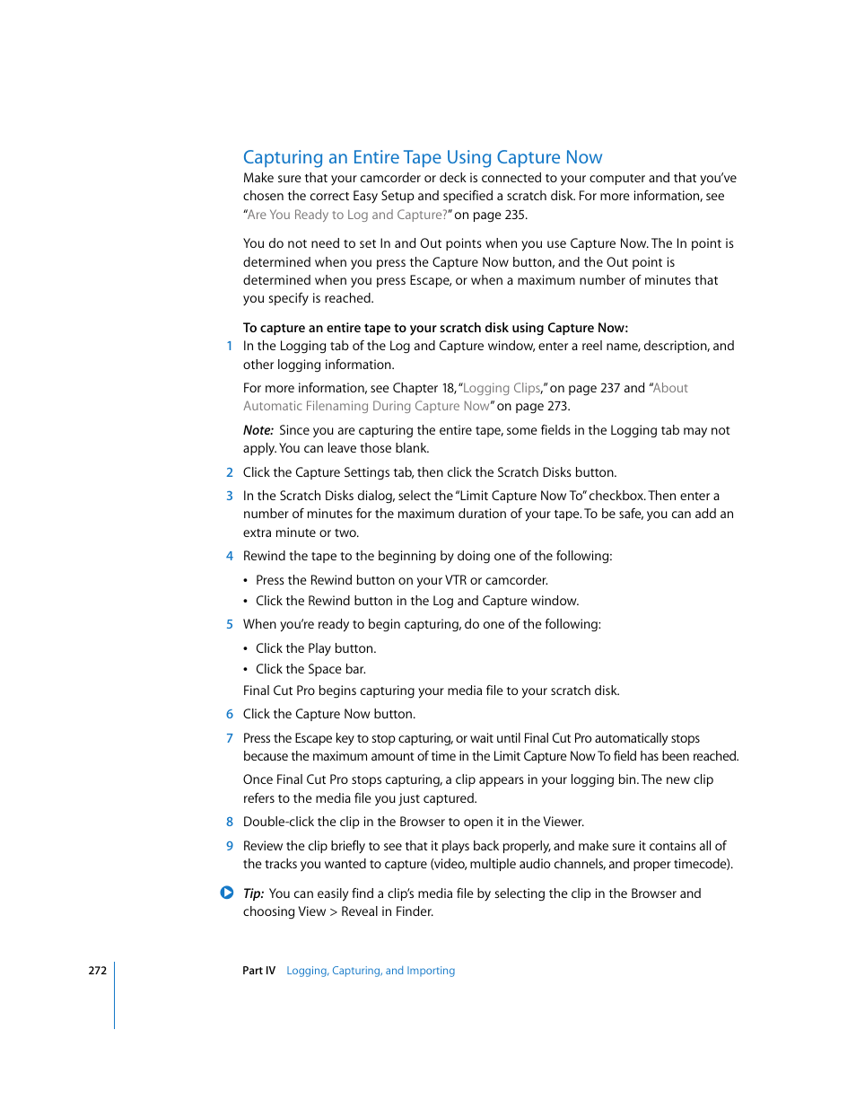 Capturing an entire tape using capture now | Apple Final Cut Pro 5 User Manual | Page 273 / 1868