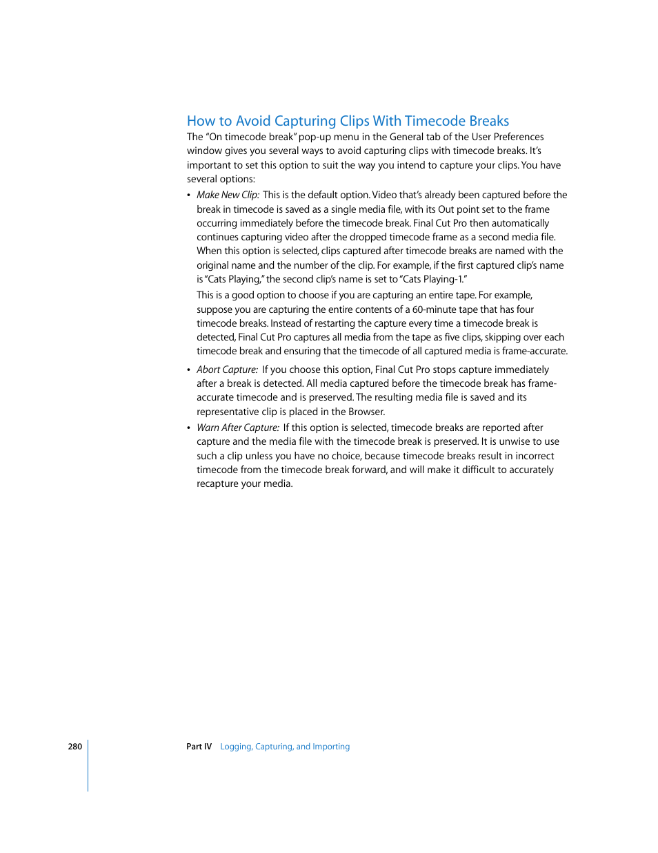How to avoid capturing clips with timecode breaks | Apple Final Cut Pro 5 User Manual | Page 281 / 1868
