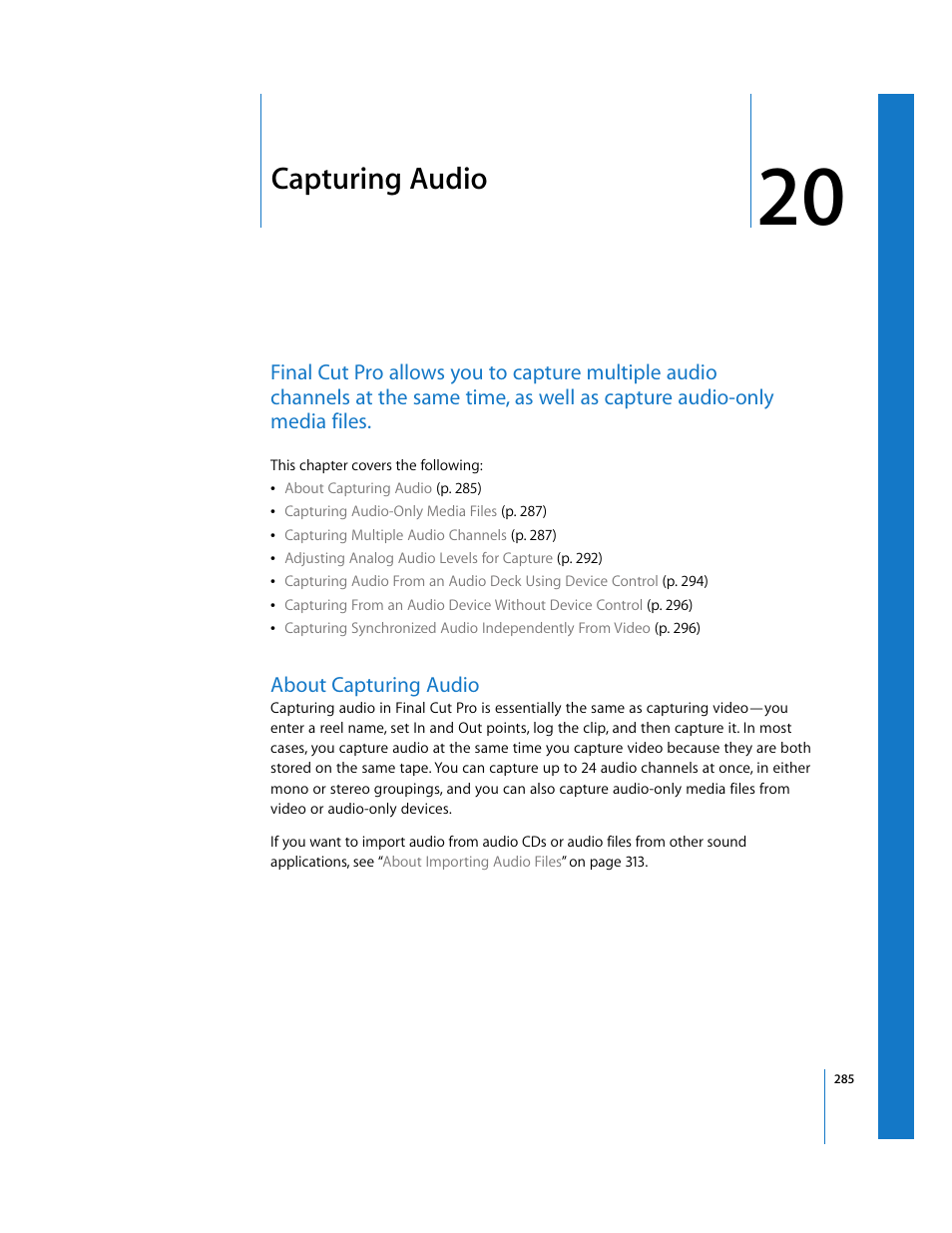 Capturing audio, About capturing audio, Chapter 20 | See chapter 20 | Apple Final Cut Pro 5 User Manual | Page 286 / 1868