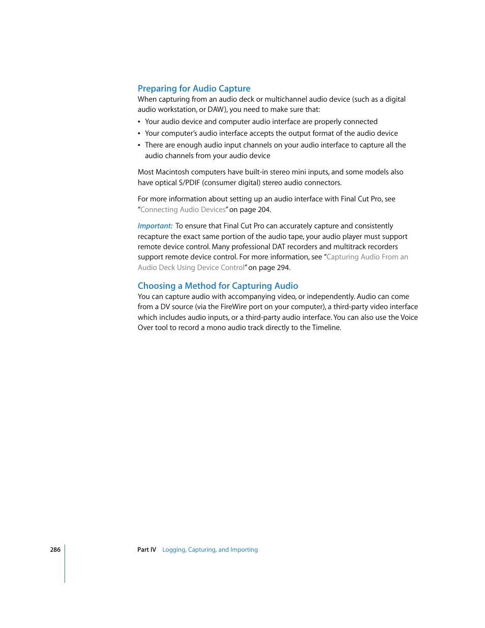 Preparing for audio capture, Choosing a method for capturing audio | Apple Final Cut Pro 5 User Manual | Page 287 / 1868