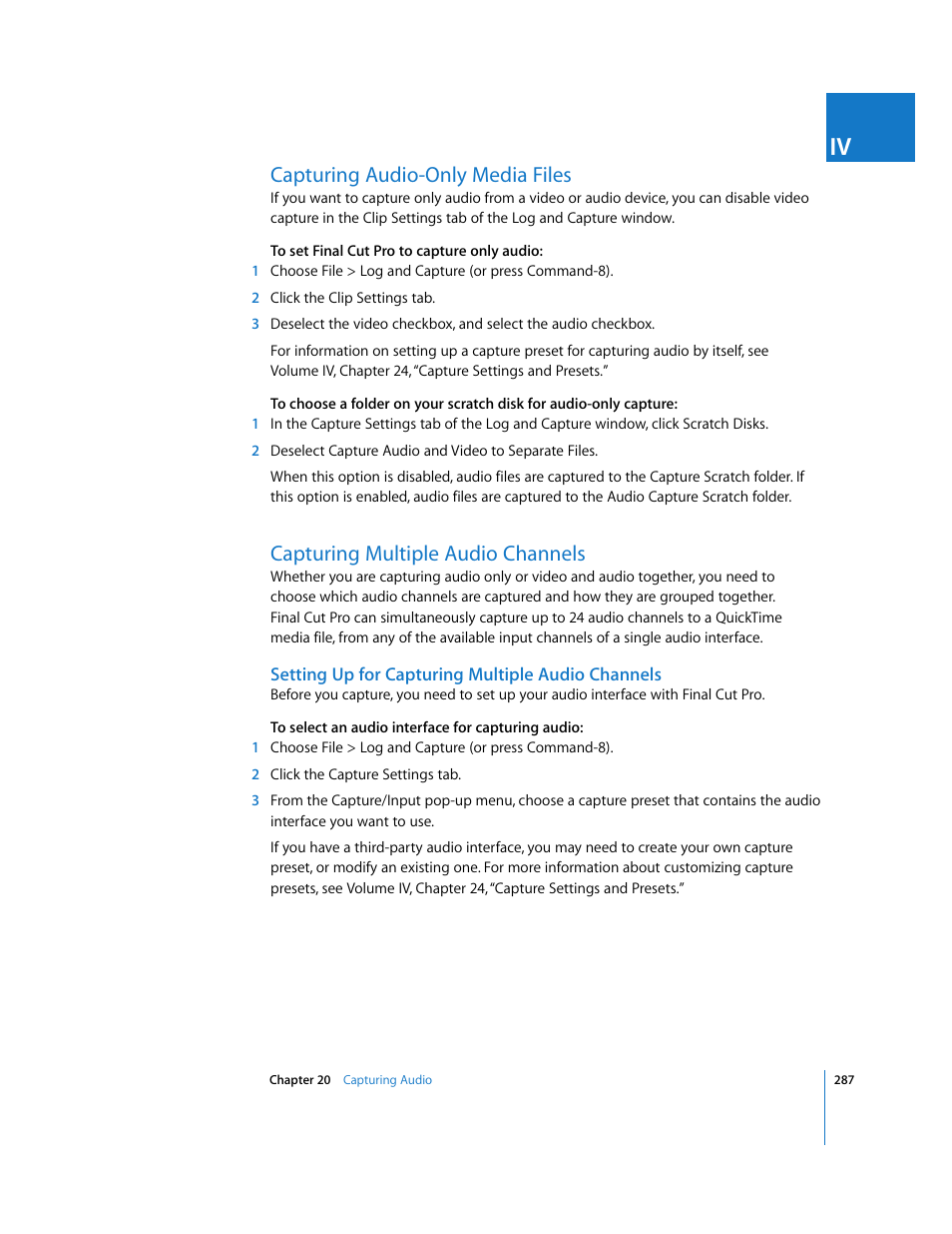 Capturing audio-only media files, Capturing multiple audio channels, Setting up for capturing multiple audio channels | P. 287) | Apple Final Cut Pro 5 User Manual | Page 288 / 1868