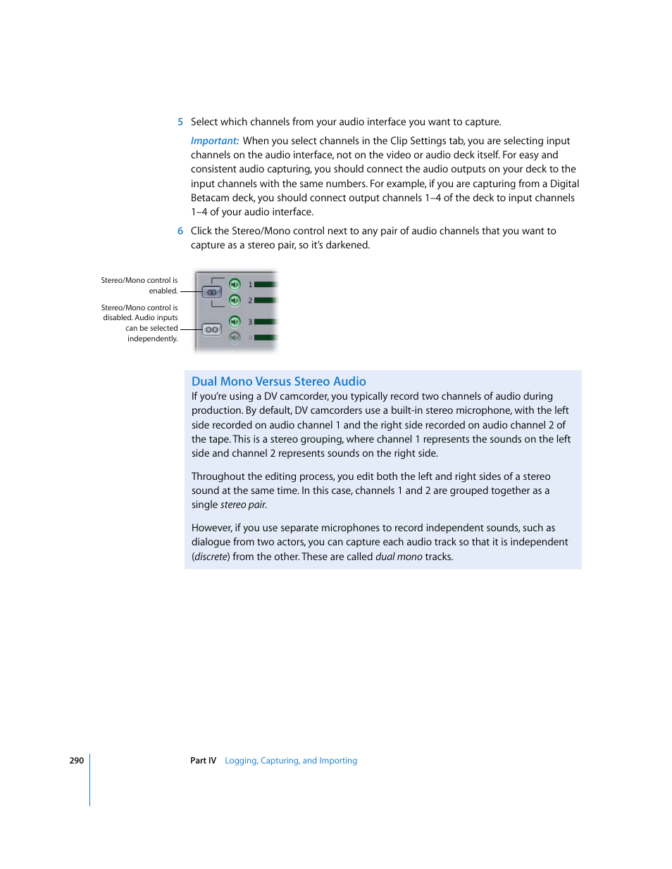 Dual mono versus stereo audio | Apple Final Cut Pro 5 User Manual | Page 291 / 1868