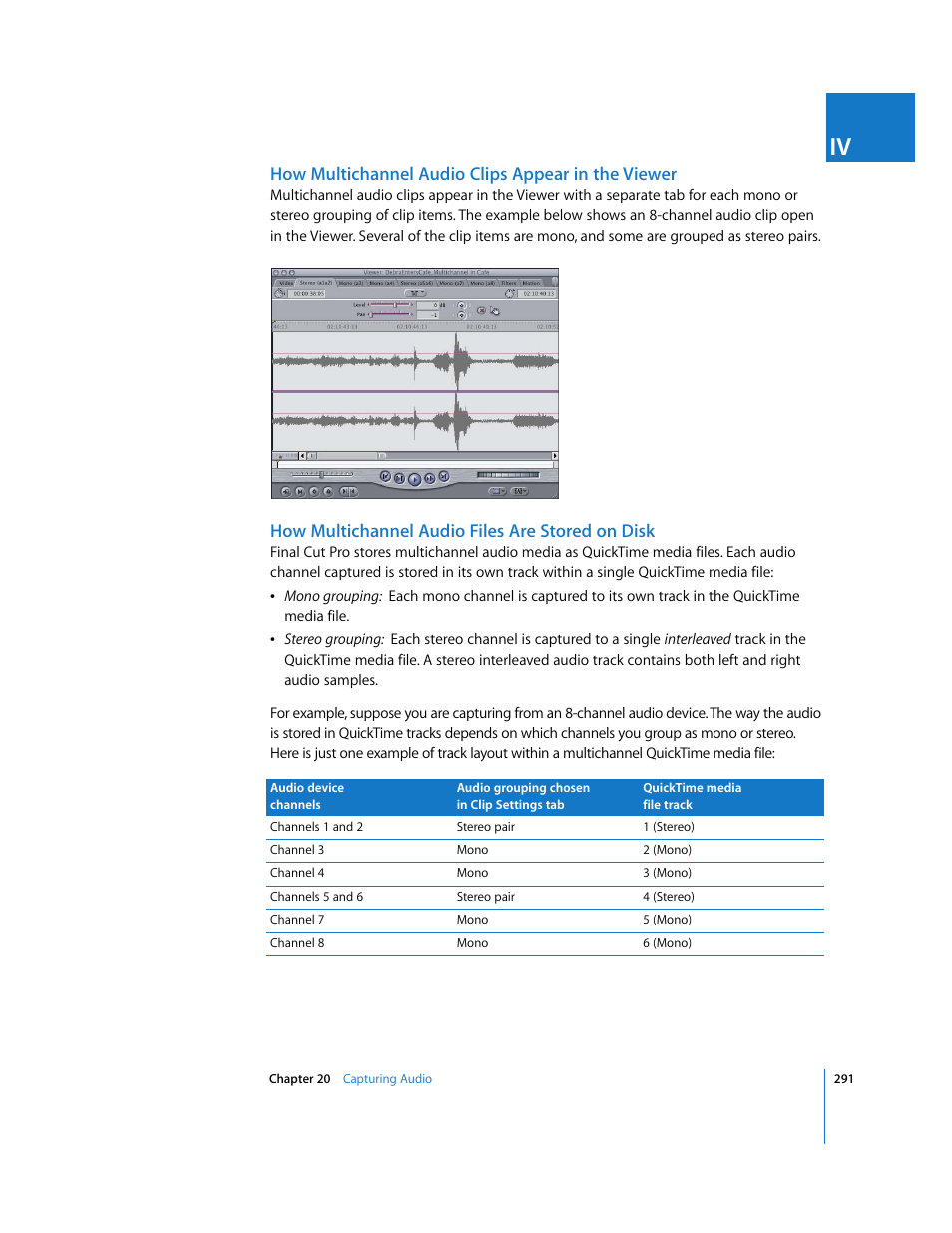 How multichannel audio clips appear in the viewer, How multichannel audio files are stored on disk | Apple Final Cut Pro 5 User Manual | Page 292 / 1868
