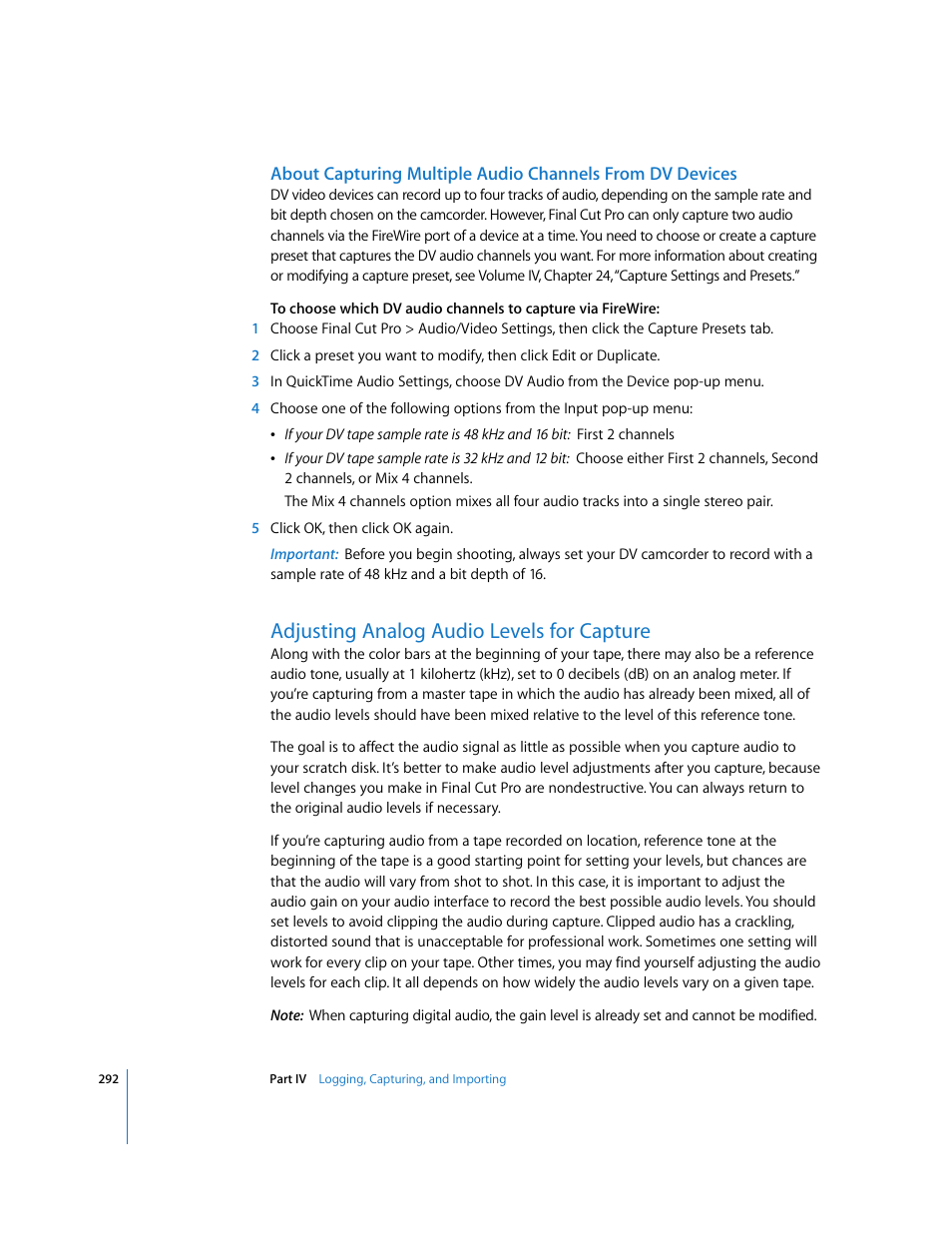 Adjusting analog audio levels for capture, Adjusting analog audio levels, For capture | P. 292) | Apple Final Cut Pro 5 User Manual | Page 293 / 1868