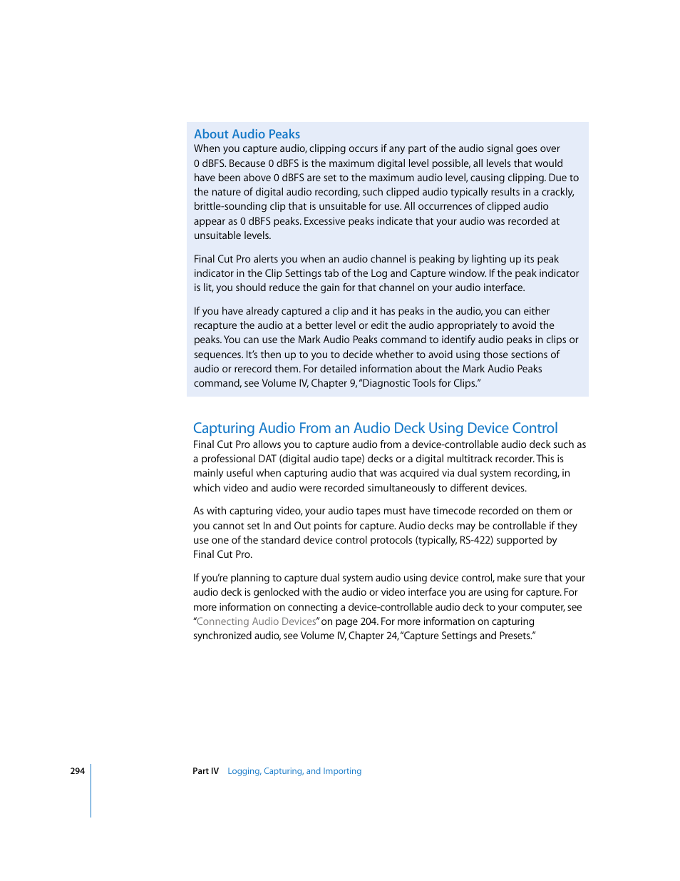 About audio peaks, P. 294), Capturing audio from an | Audio deck using device control | Apple Final Cut Pro 5 User Manual | Page 295 / 1868