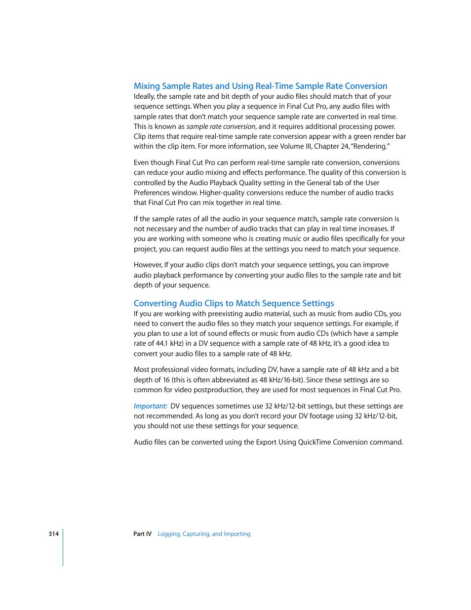 Converting audio clips to match sequence settings | Apple Final Cut Pro 5 User Manual | Page 315 / 1868