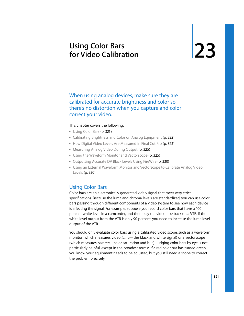 Using color bars for video calibration, Using color bars, Chapter 23 | Apple Final Cut Pro 5 User Manual | Page 322 / 1868