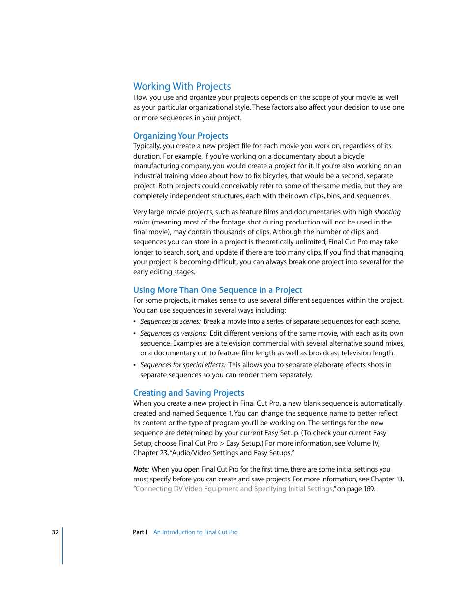 Working with projects, Organizing your projects, Using more than one sequence in a project | Creating and saving projects, P. 32) | Apple Final Cut Pro 5 User Manual | Page 33 / 1868