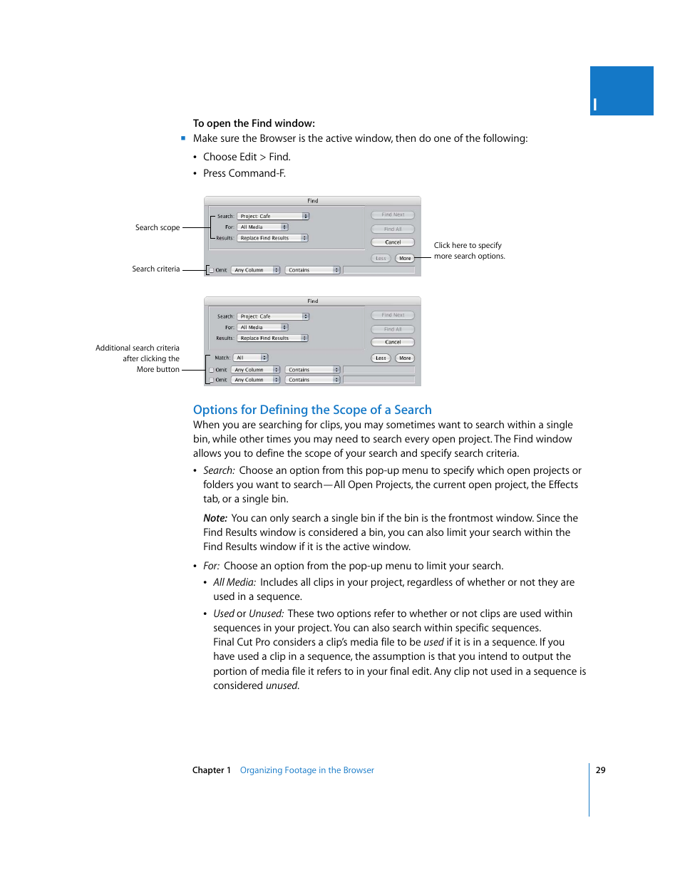 Options for defining the scope of a search | Apple Final Cut Pro 5 User Manual | Page 364 / 1868