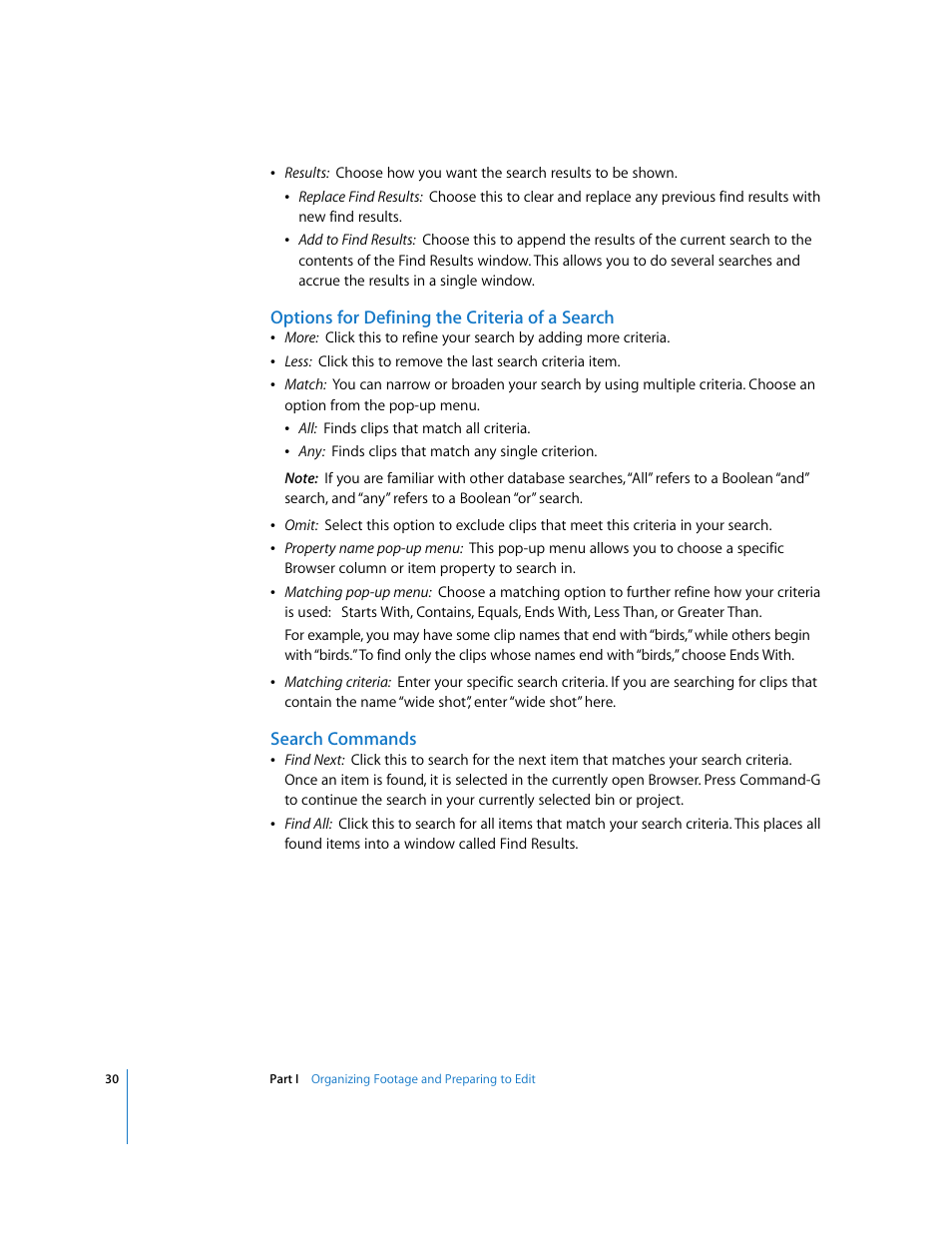 Options for defining the criteria of a search, Search commands | Apple Final Cut Pro 5 User Manual | Page 365 / 1868