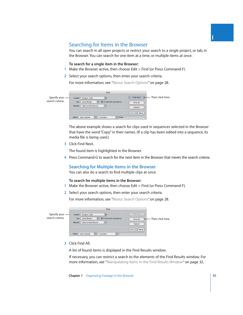 Searching for items in the browser, Searching for multiple items in the browser | Apple Final Cut Pro 5 User Manual | Page 366 / 1868