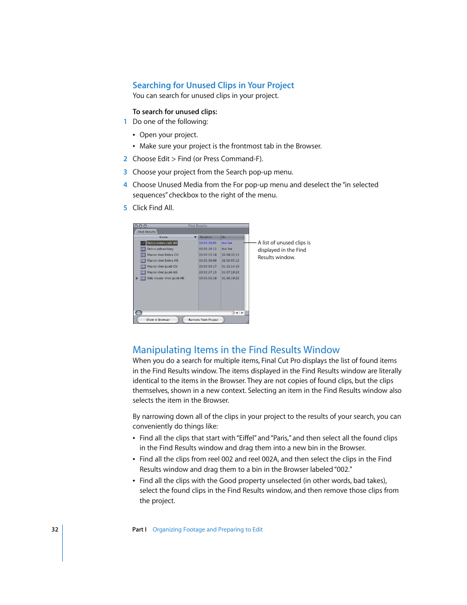 Searching for unused clips in your project, Manipulating items in the find results window | Apple Final Cut Pro 5 User Manual | Page 367 / 1868