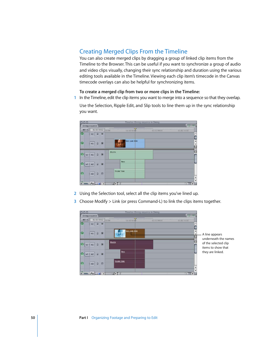 Creating merged clips from the timeline, P. 50) | Apple Final Cut Pro 5 User Manual | Page 385 / 1868