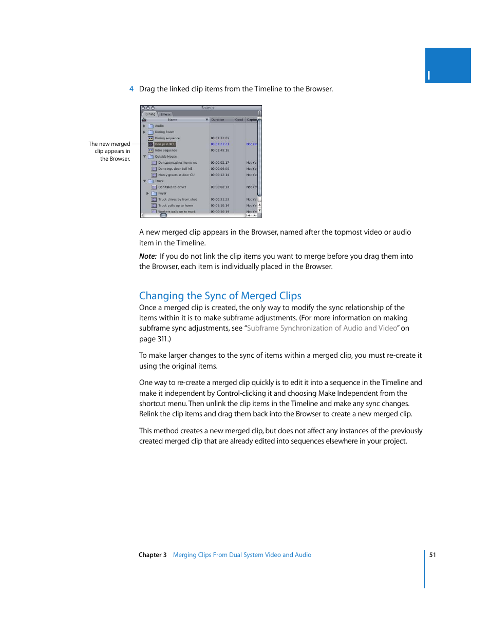 Changing the sync of merged clips, P. 51) | Apple Final Cut Pro 5 User Manual | Page 386 / 1868