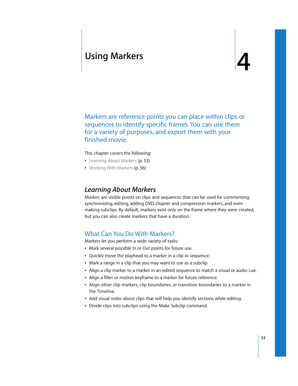 Using markers, Learning about markers, What can you do with markers | Chapter 4, See chapter 4 | Apple Final Cut Pro 5 User Manual | Page 388 / 1868