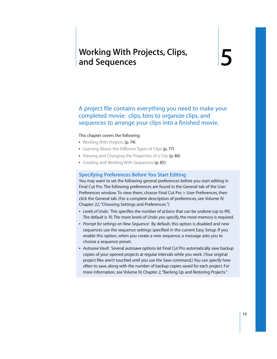 Working with projects, clips, and sequences, Specifying preferences before you start editing, Chapter 5 | Apple Final Cut Pro 5 User Manual | Page 408 / 1868