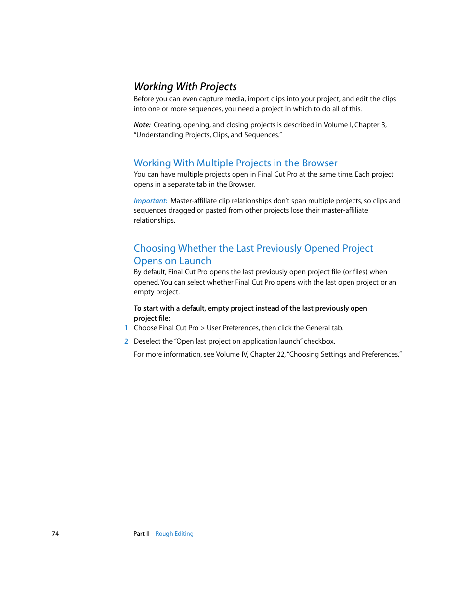 Working with projects, Working with multiple projects in the browser, P. 74) | Apple Final Cut Pro 5 User Manual | Page 409 / 1868