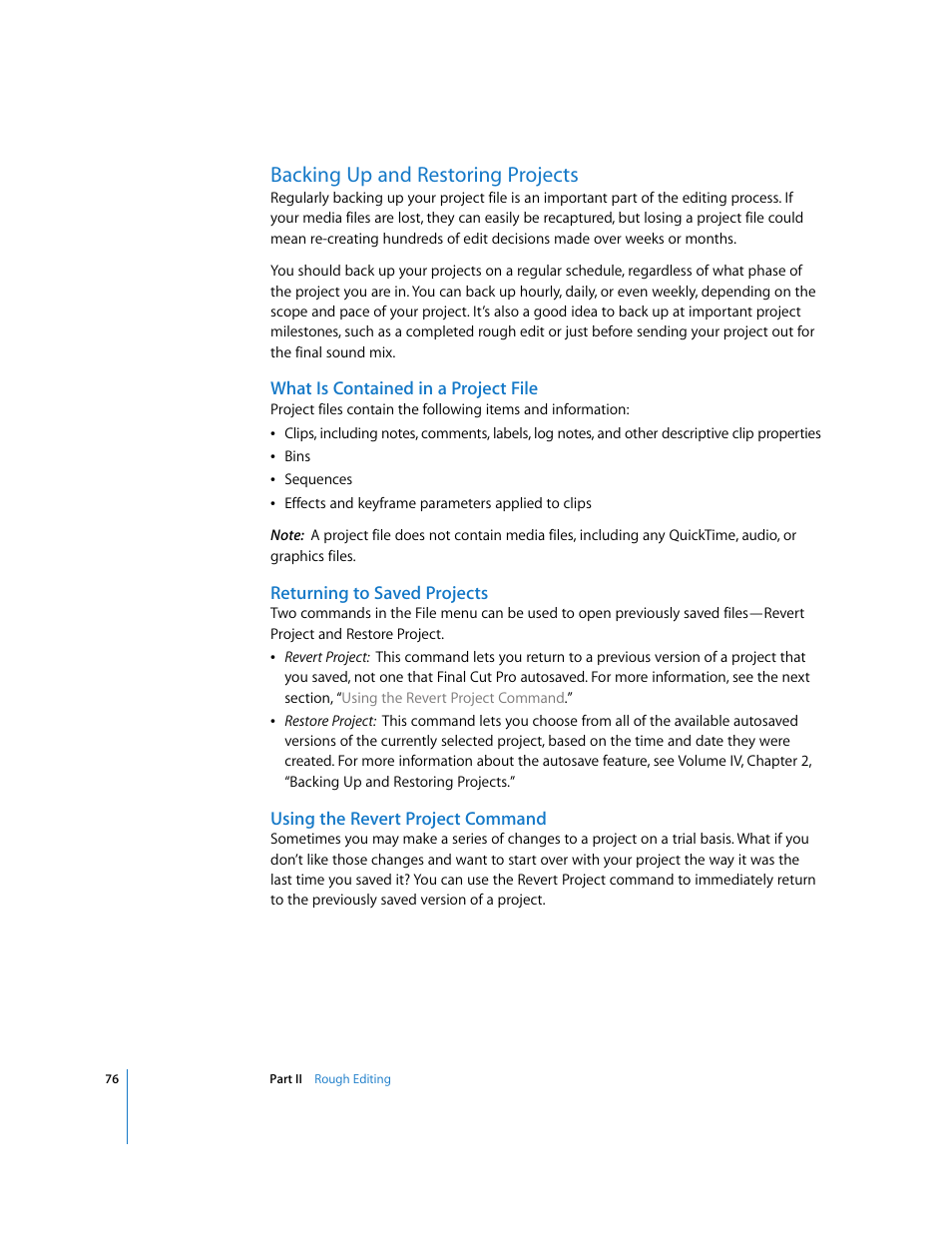 Backing up and restoring projects, What is contained in a project file, Returning to saved projects | Using the revert project command | Apple Final Cut Pro 5 User Manual | Page 411 / 1868