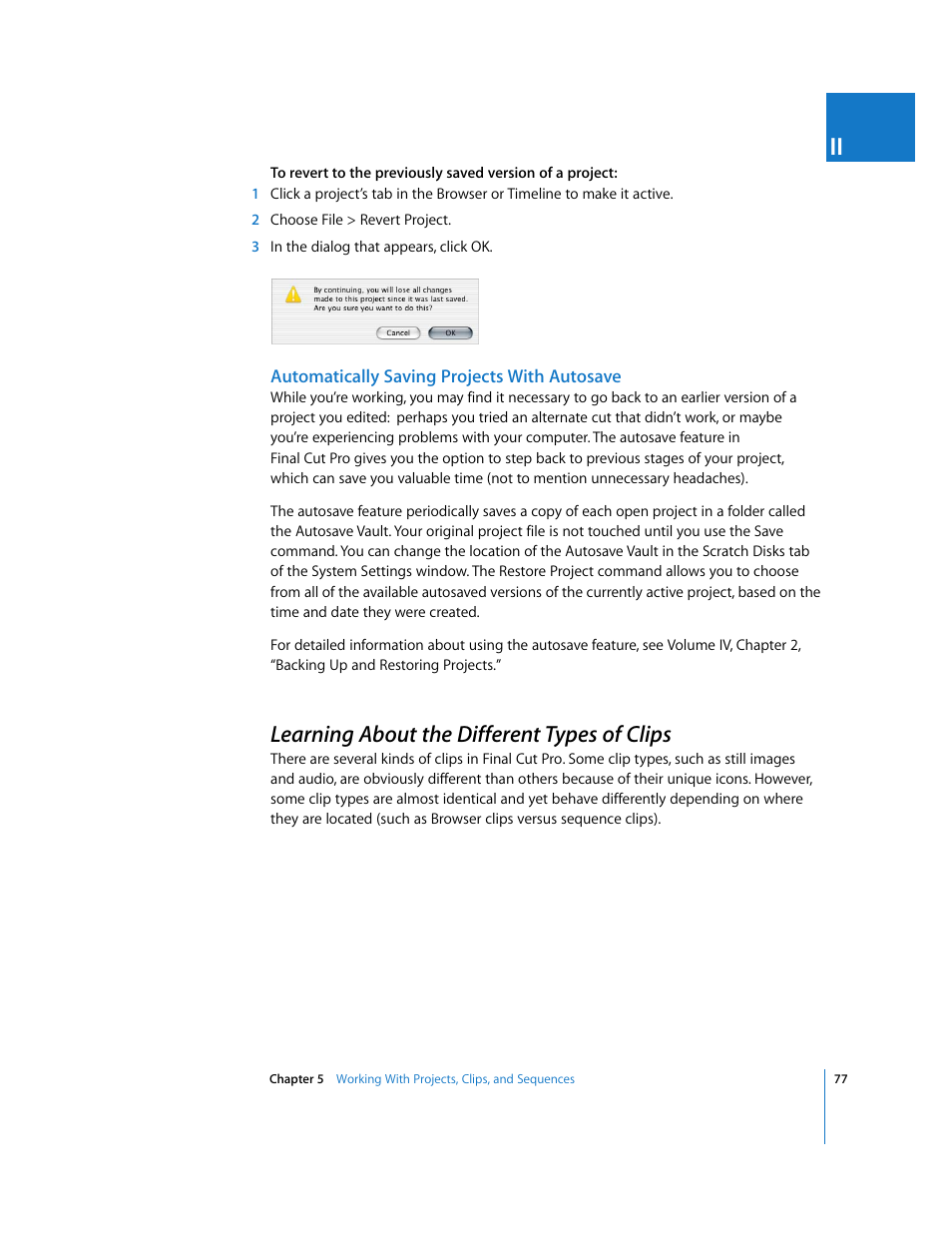 Automatically saving projects with autosave, Learning about the different types of clips, P. 77) | Apple Final Cut Pro 5 User Manual | Page 412 / 1868