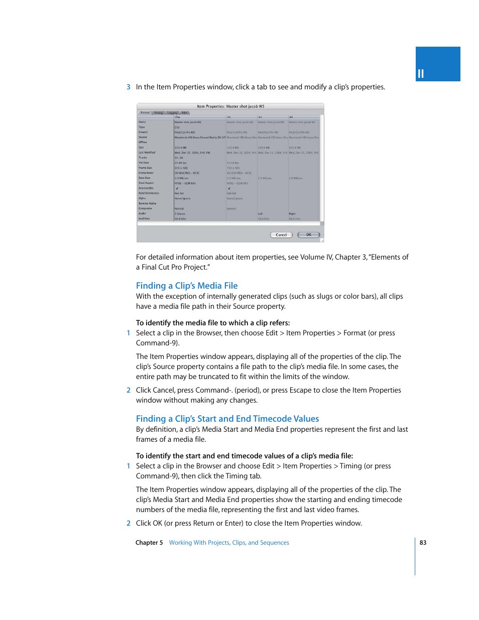 Finding a clip’s media file, Finding a clip’s start and end timecode values | Apple Final Cut Pro 5 User Manual | Page 418 / 1868