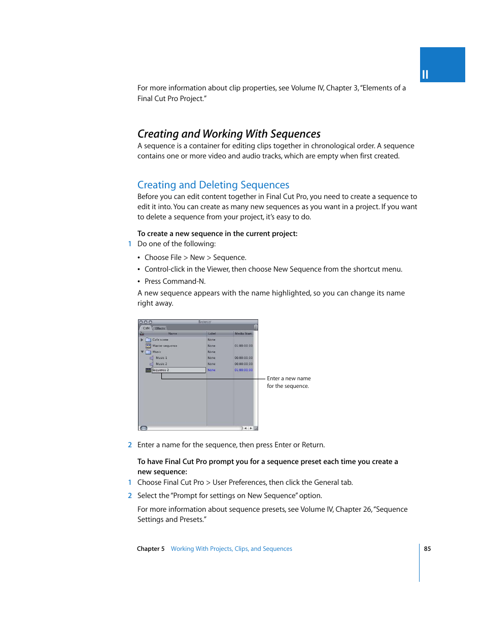 Creating and working with sequences, Creating and deleting sequences, P. 85) | Apple Final Cut Pro 5 User Manual | Page 420 / 1868