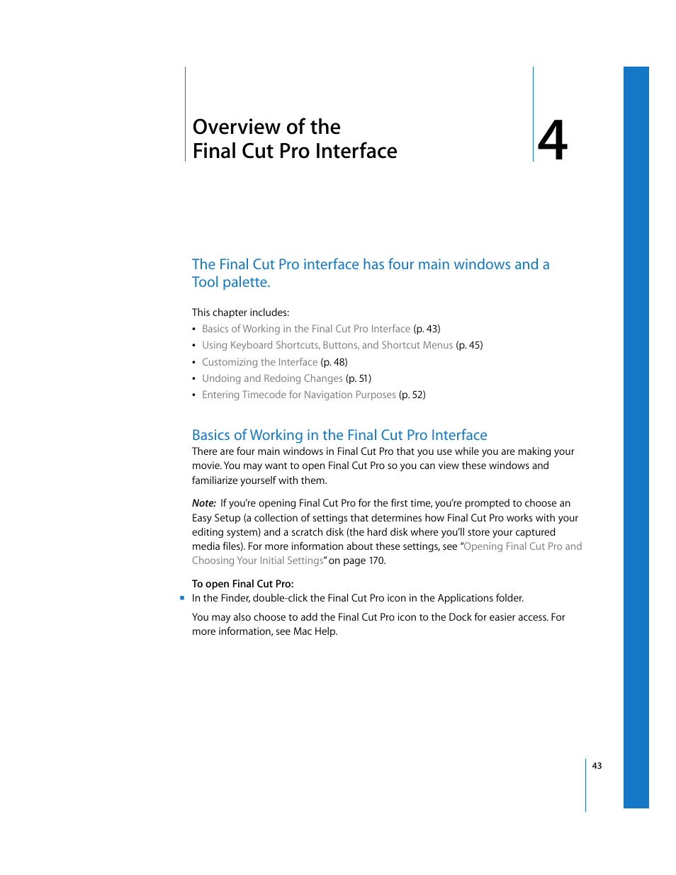 Overview of the final cut pro interface, Basics of working in the final cut pro interface, Chapter 4 | Apple Final Cut Pro 5 User Manual | Page 44 / 1868