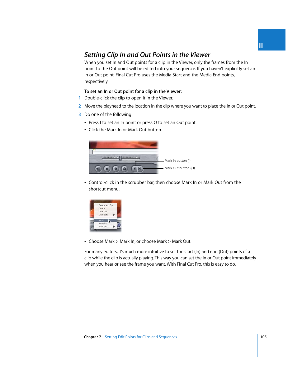 Setting clip in and out points in the viewer, Use (see, Setting clip in and out | Points in the viewer, P. 105) | Apple Final Cut Pro 5 User Manual | Page 440 / 1868