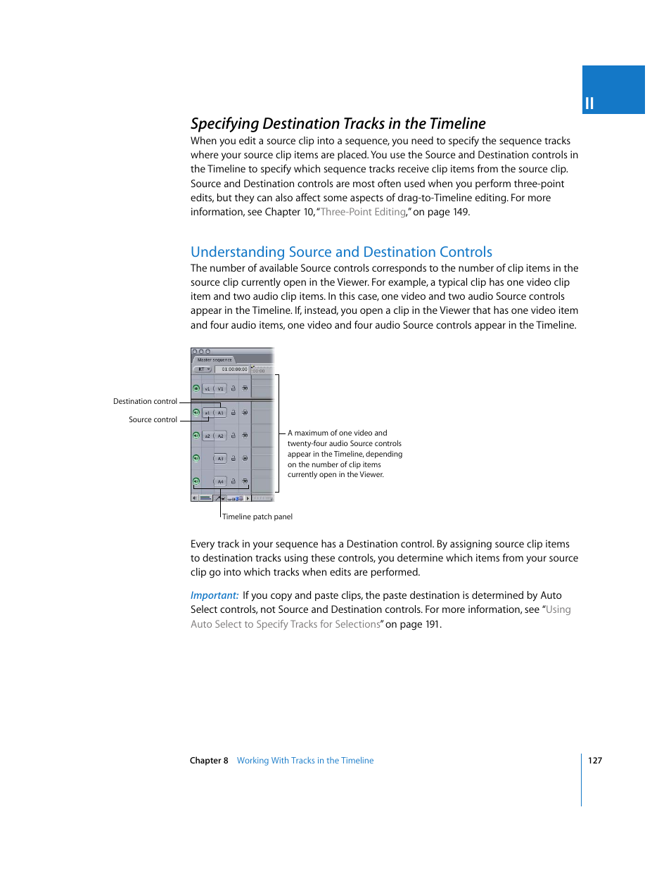 Specifying destination tracks in the timeline, Understanding source and destination controls, P. 127) | Apple Final Cut Pro 5 User Manual | Page 462 / 1868