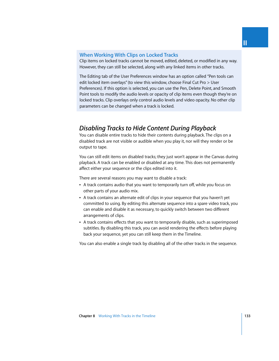 When working with clips on locked tracks, Disabling tracks to hide content during playback, P. 133) | Apple Final Cut Pro 5 User Manual | Page 468 / 1868