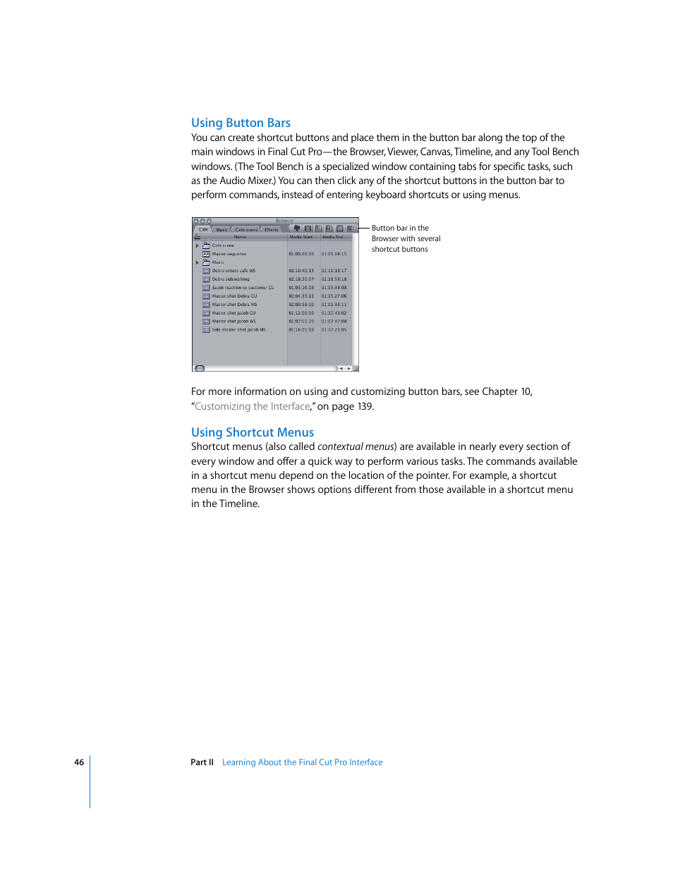 Using button bars, Using shortcut menus | Apple Final Cut Pro 5 User Manual | Page 47 / 1868