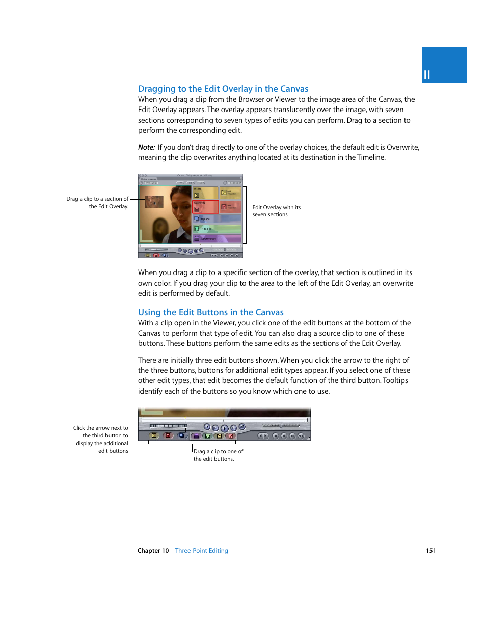 Dragging to the edit overlay in the canvas, Using the edit buttons in the canvas | Apple Final Cut Pro 5 User Manual | Page 486 / 1868