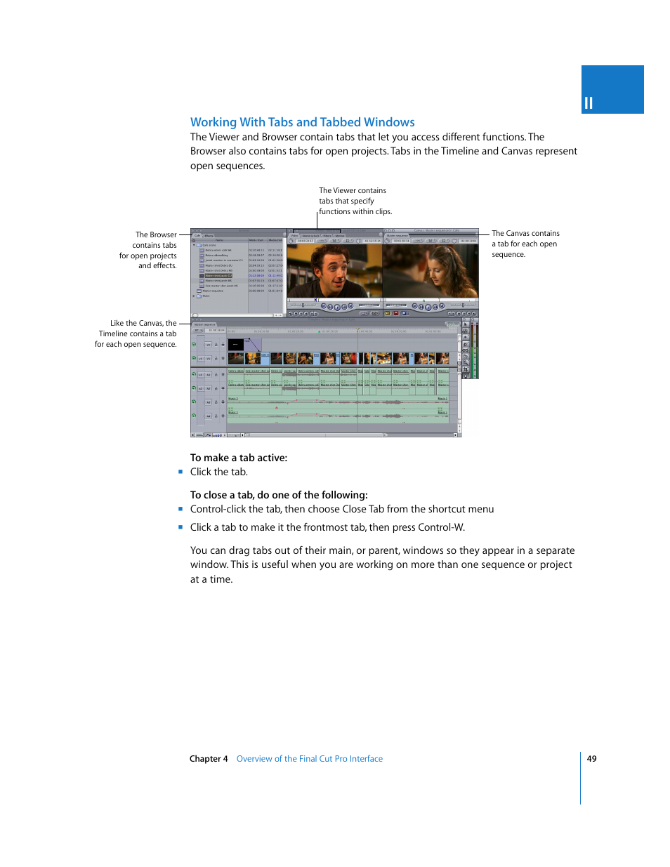 Working with tabs and tabbed windows | Apple Final Cut Pro 5 User Manual | Page 50 / 1868