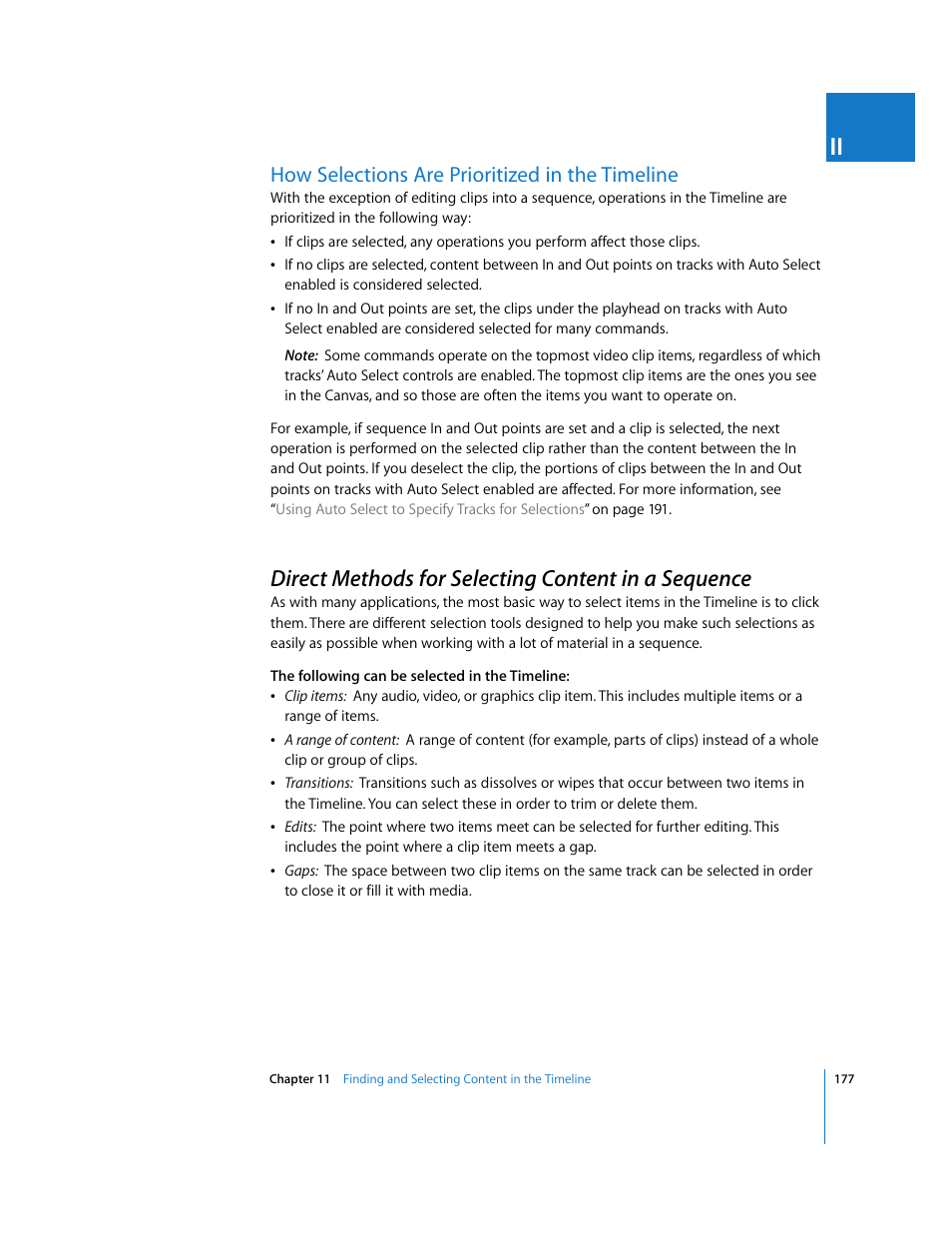 How selections are prioritized in the timeline, Direct methods for selecting content in a sequence, Direct methods for | Selecting content in a sequence, P. 177) | Apple Final Cut Pro 5 User Manual | Page 512 / 1868