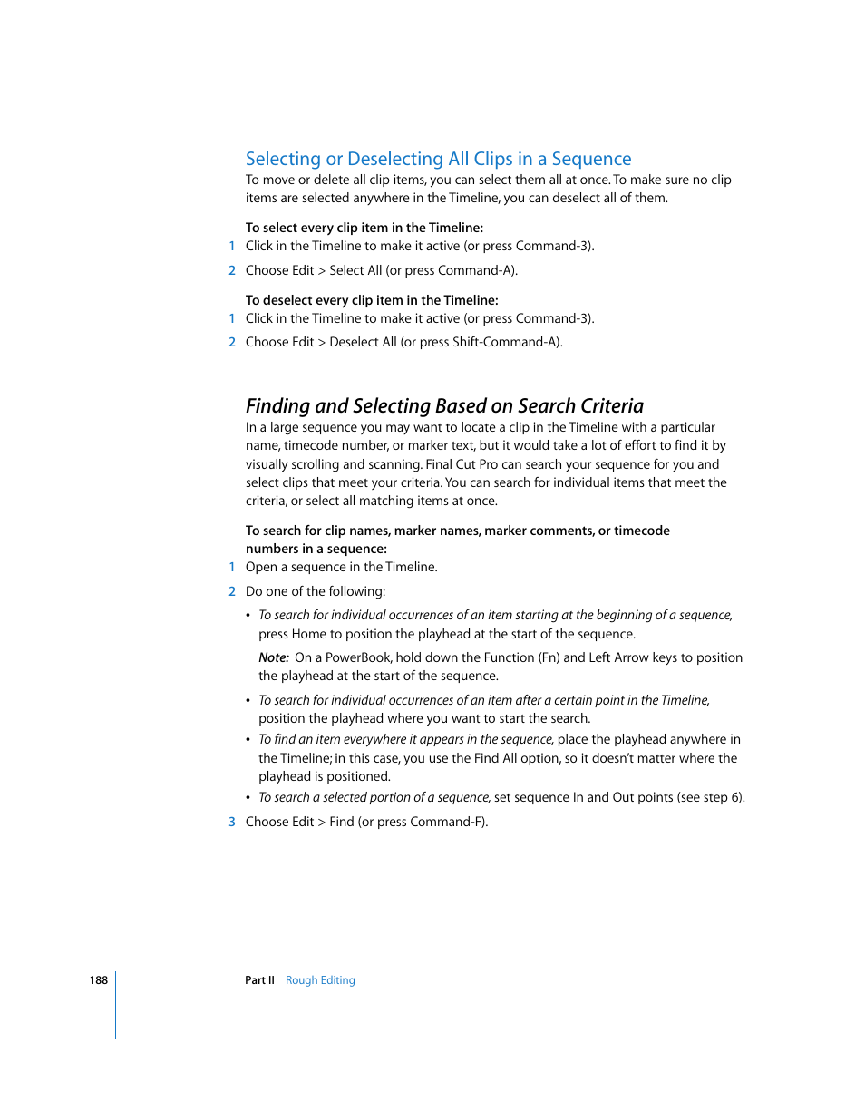 Selecting or deselecting all clips in a sequence, Finding and selecting based on search criteria, P. 188) | Apple Final Cut Pro 5 User Manual | Page 523 / 1868