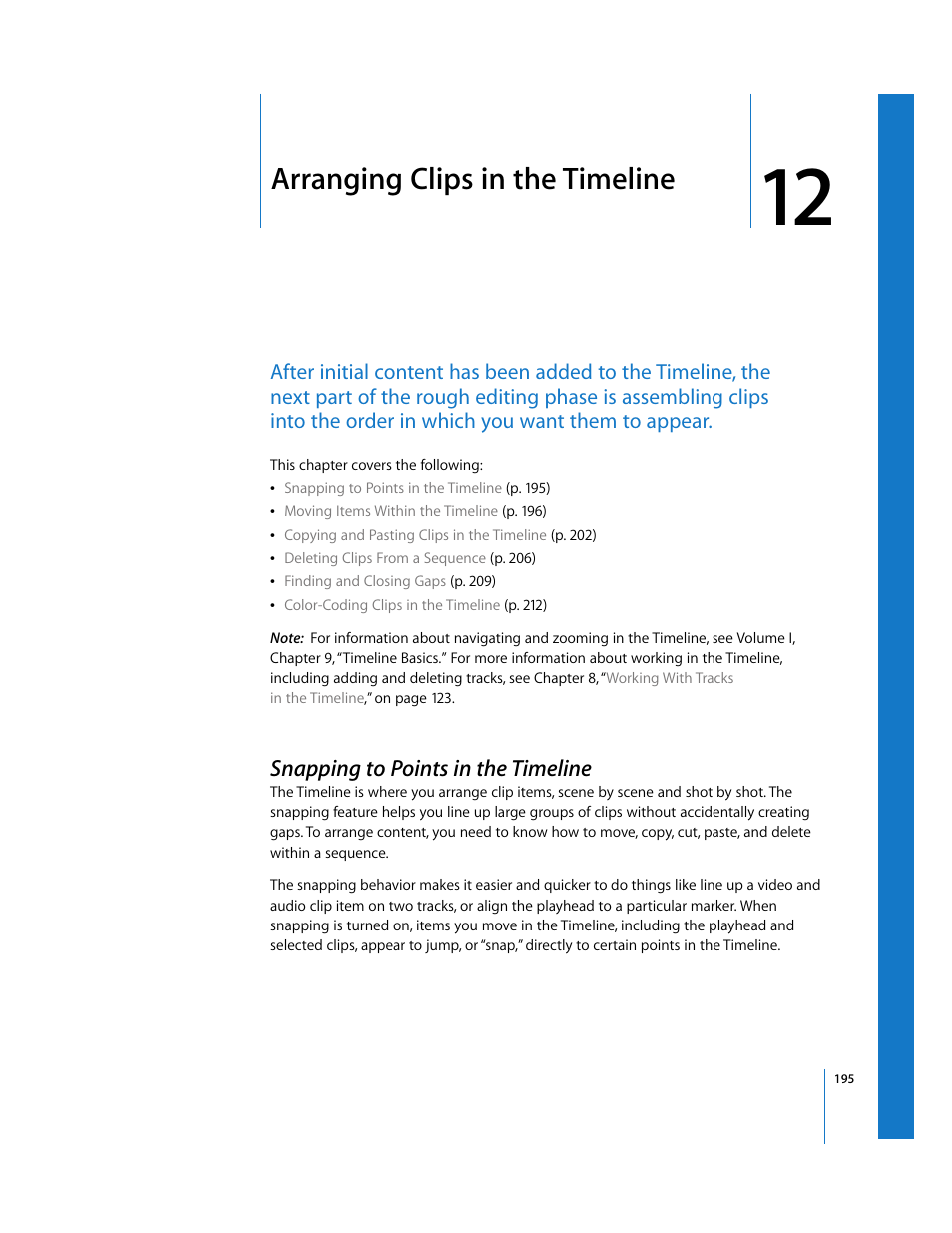 Arranging clips in the timeline, Snapping to points in the timeline, Chapter 12 | Apple Final Cut Pro 5 User Manual | Page 530 / 1868