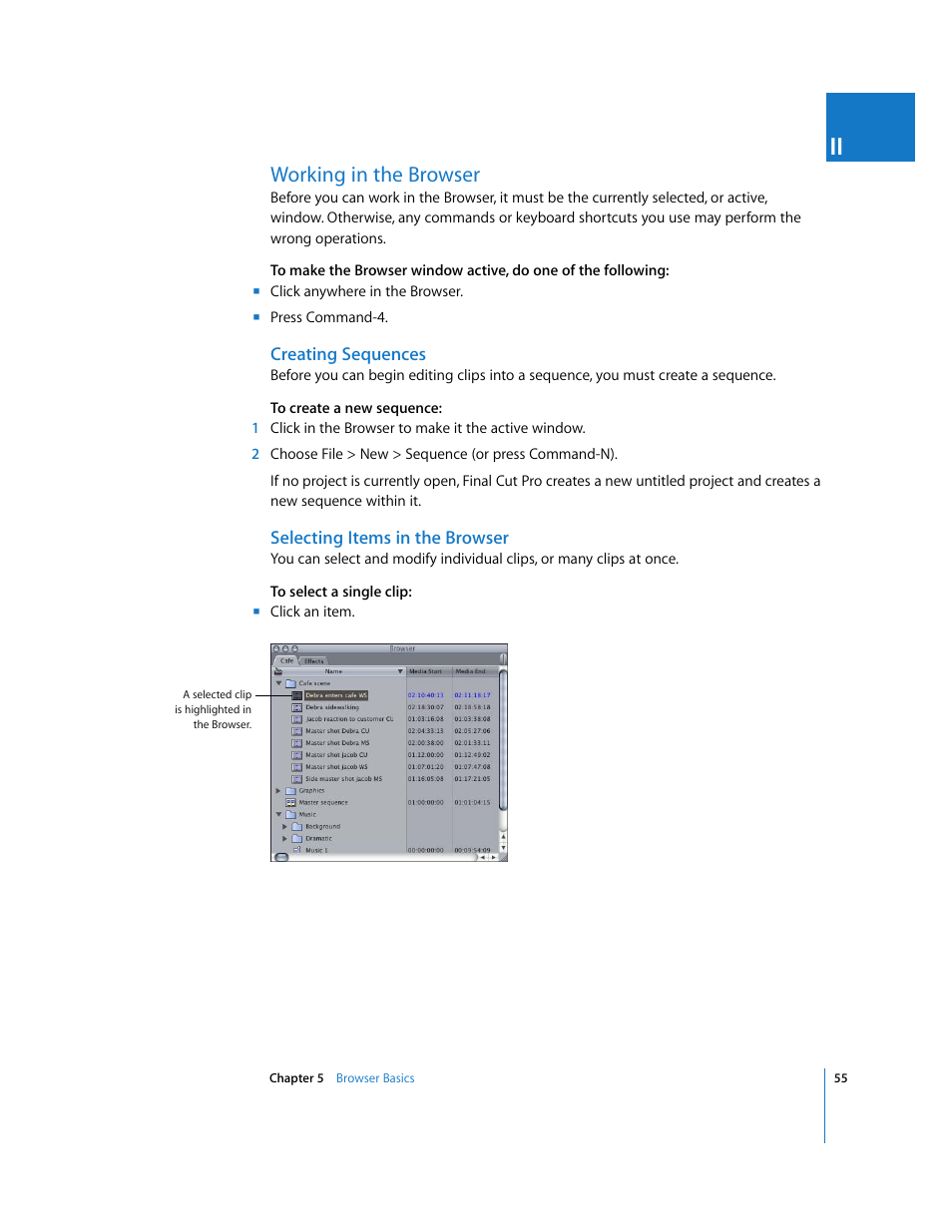 Working in the browser, Creating sequences, Selecting items in the browser | P. 55) | Apple Final Cut Pro 5 User Manual | Page 56 / 1868